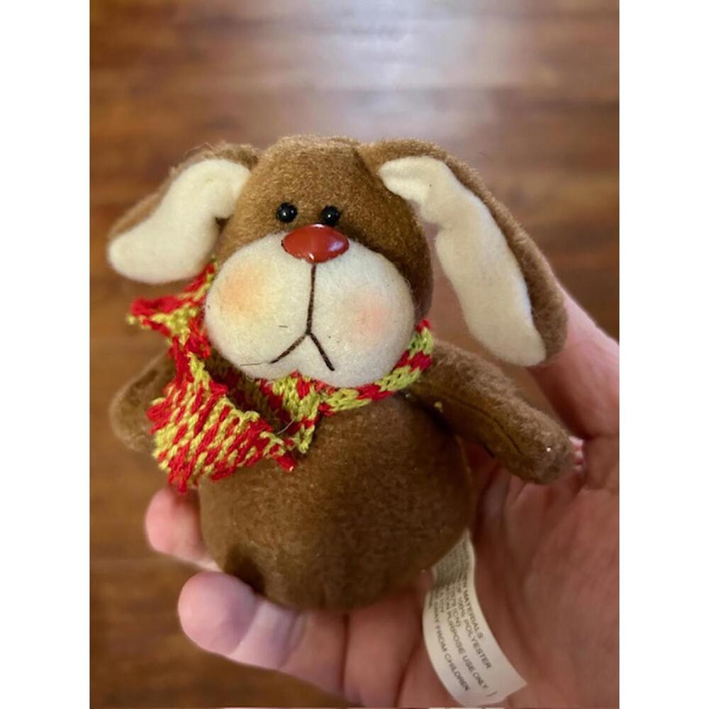 Small Brown Plush Dog with Red and Yellow Scarf
